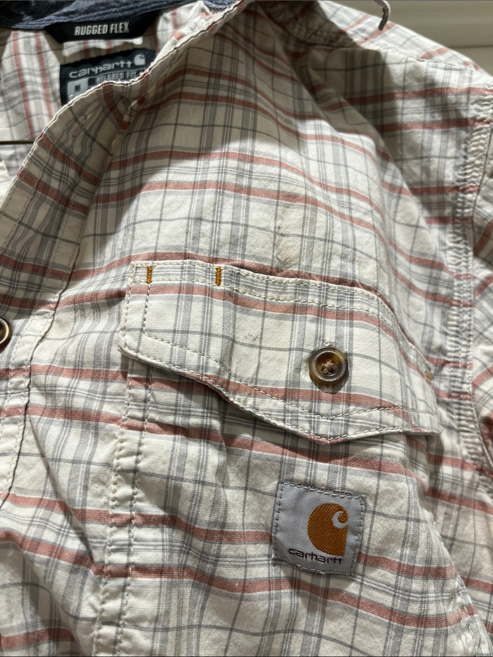 Carhartt Short-Sleeve Plaid Button-Down Shirt in Cream and Red-Striped - Picture 2 of 3